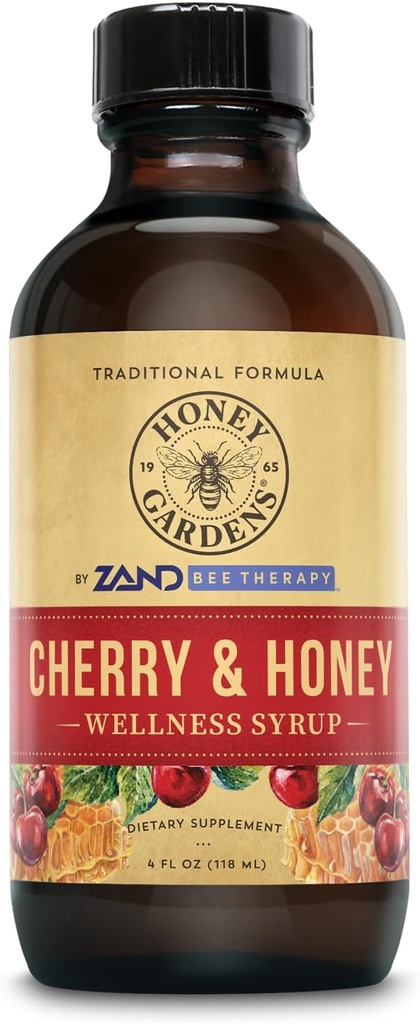Honey Gardens Cherry & Honey Soothing Throup Syrop, Apitherapy Formuła z organicznym surowego miodu, Organic Apple Cider Ocet, Black Cherry, i ekstrakty ziołowe, 24 Servings, 4 FL. OZ.