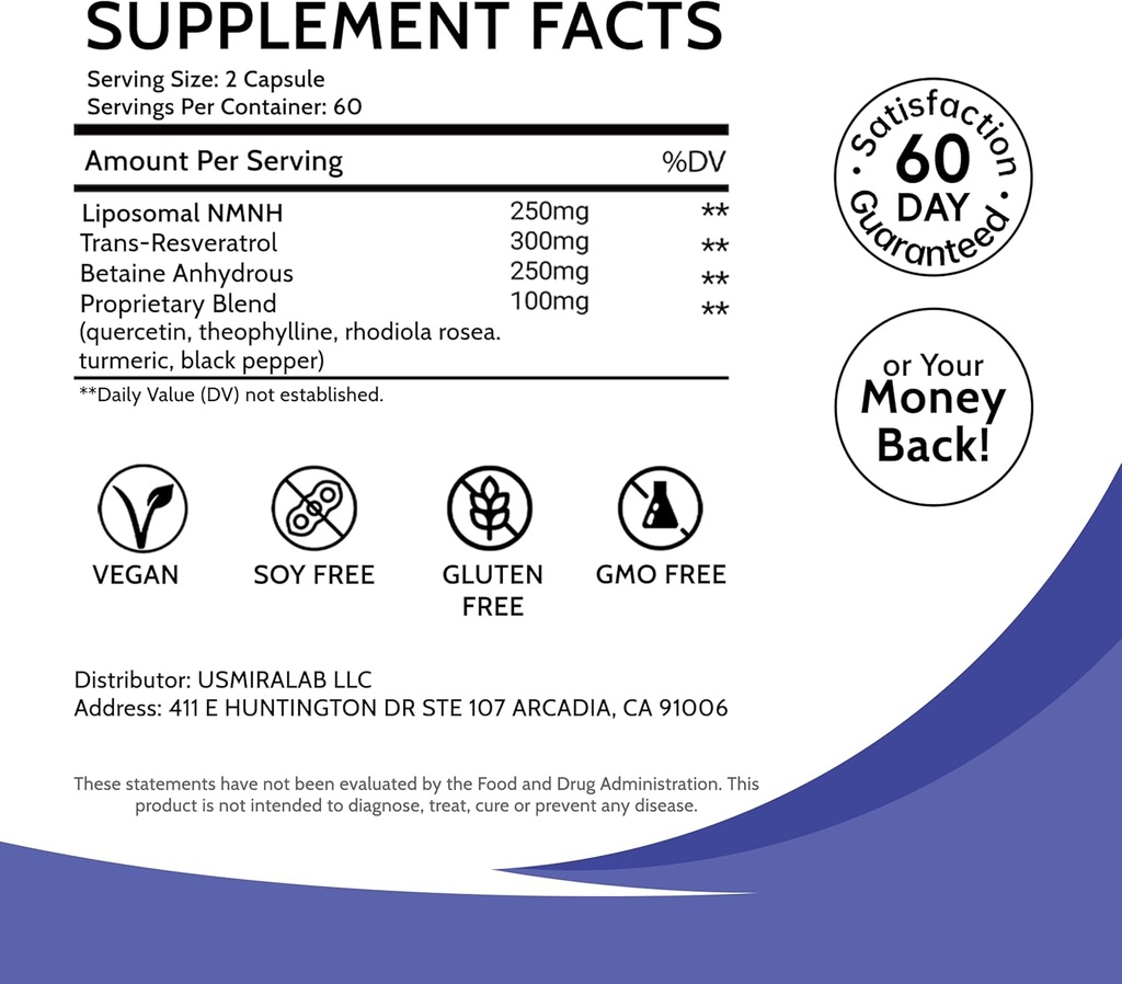 Liposomal NMNH Suplement dla Kobiet Energia alternatywna NMN + Trans- Resweratrol + TMG 124; Wzmacnia NAD + Poziomy, Regeneracja komórkowa i Promieniowa Skóra - 60- Day Anti- Starzenie Formuła 7