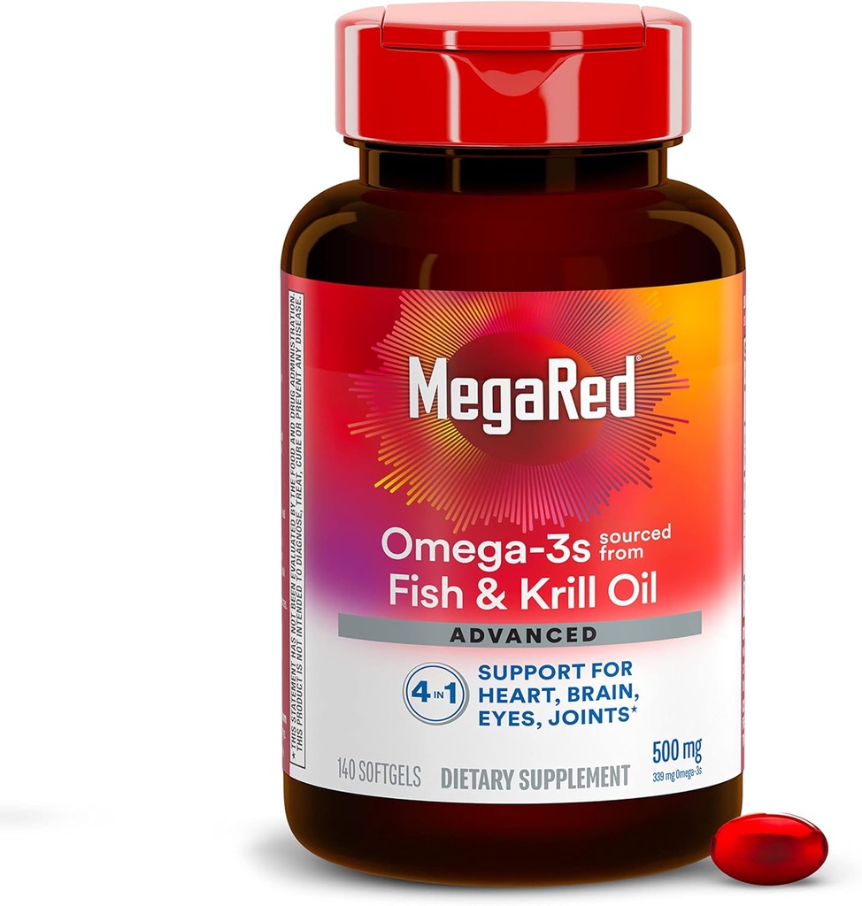 MegaRed Omega 3 Fish Oil Supplement + Crill Oil 500mg, Advanced 4in1 EPA & DHA Omega 3 Fatty Acid Softgels (140cnt Bottle), Fosholipids, Supports Brain Eye Joint & Heart Health