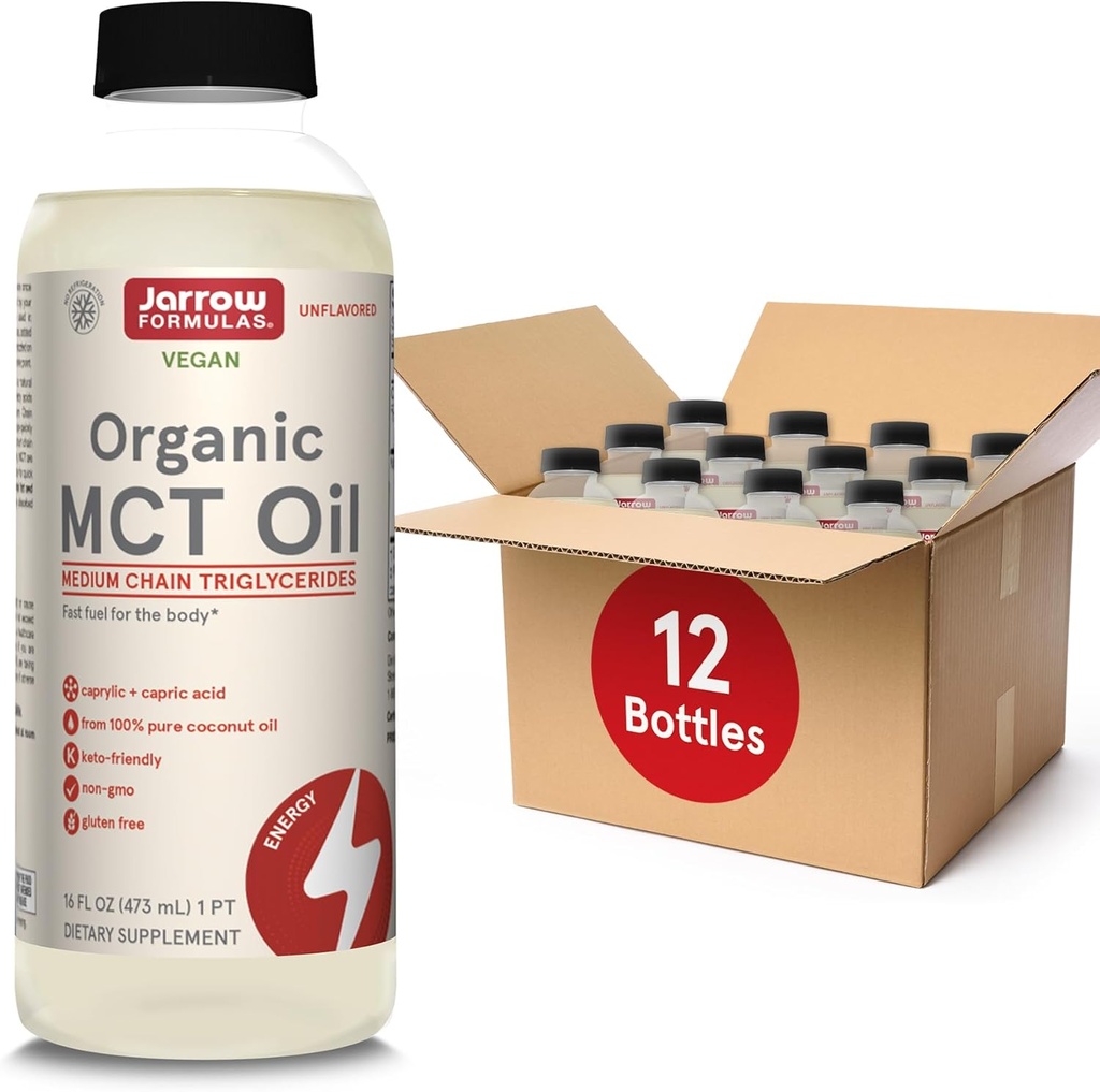 Jarrow EFLAS Organic MCT Oil - 16 fl oz - Fast Fuel for Brain & Muscles - Captil (C8) + Capric Acid (C10) - Ketogenic Diet Friendly Supplement - Unflavored (Opakowanie 12)