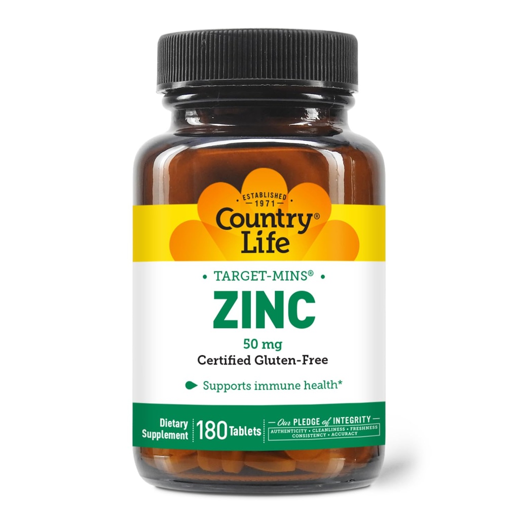 Country Life Target- Mins Cynk 50 mg 180 Tabletki - Suplementy cynku dla zdrowia immunologicznego - Cynk 50mg - Wsparcie cynku