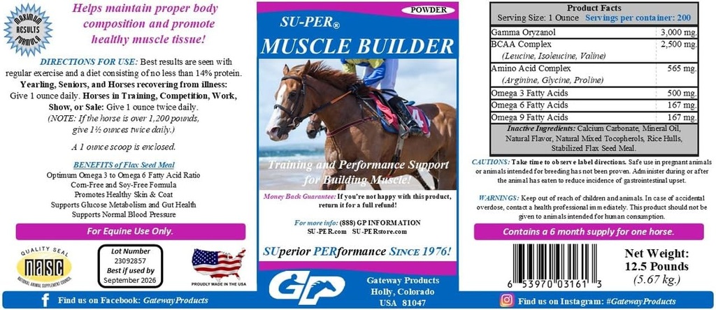 SU- PER Muscle Builder Horse Supplement - Pomoc szkoleniowa i wydajnościowa do treningu mięśni - 12,5 funta, 6 miesięcy dostaw