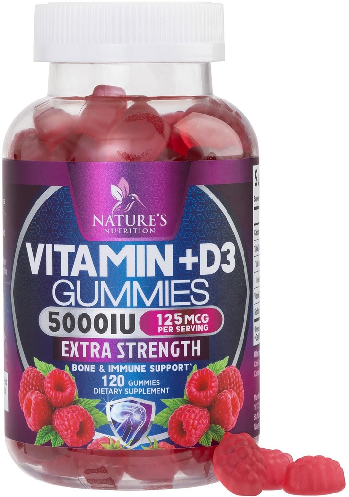 Suplement witaminy D3 Gummy 5000 j.m. (125 μg) Witaminy dietetyczne D dla mężczyzn i kobiet - kości, zębów, mięśni i immunologicznego wsparcia zdrowia, wysokiej mocy VIT D3 Nature 's Non-GMO & Gluten Free - 120 Gummies