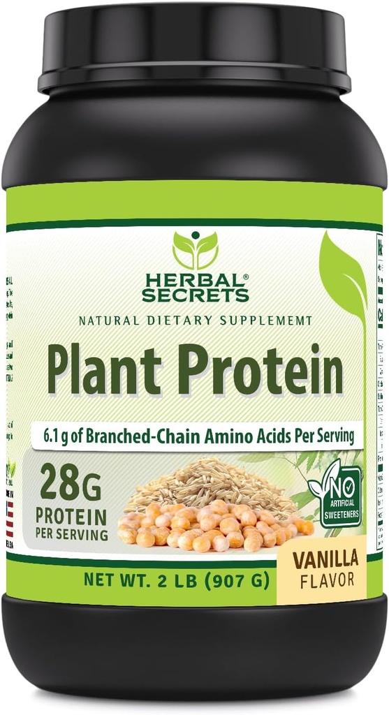 Białko roślinne Herbal Secrets 2 Lb w proszku 124; 28 Białko gramowe na serwowanie 124; 6.1 Grams BCAA w proszku 124; suplement wegański w proszku 124; 23 Słupki w proszku 124; Wyprodukowane w USA (2 Lb, Vanilla)