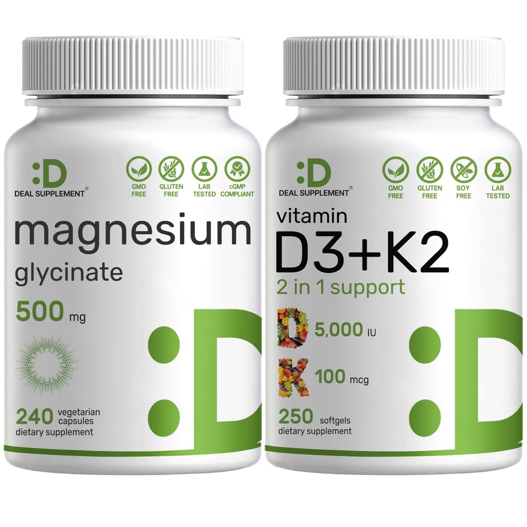 Magnezu Glicynian 500mg Veggie kapsułki i witamina D3 5,000iu + K2 100mcg Softgels Bundle - Easy Absorbowany Chelated Mineral - D & K Essential Sunshine Vitamin