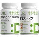Magnezu Glicynian 500mg Veggie kapsułki i witamina D3 5,000iu + K2 100mcg Softgels Bundle - Easy Absorbowany Chelated Mineral - D & K Essential Sunshine Vitamin