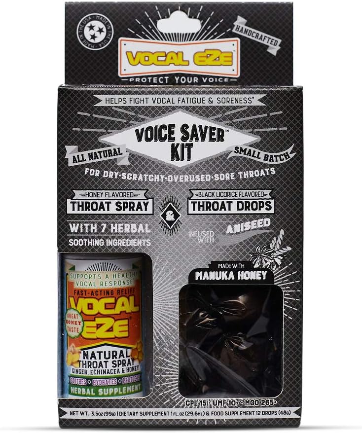 Vocal Eze Vocal Voice Saver Kit, zawiera Vocal Herbal Throat Spray (1) i (12) Manuka Honey Drops Remote 124; Relieve Sore, Horuss, Fatigue, Dryness of Throat Remote 124; Immune Support, Natural Ingredients (Aniseed)