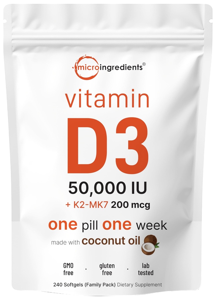 Micro Składniki Witamina D3 50 000 j. m. + K2 MK- 7 200 µg, 240 Softgeli 124; Olej kokosowy z pierwszego tłoczenia 124; 2-in-1 Kości, Immune & Heart Support 124; Łatwe do połykania, Non-GMO