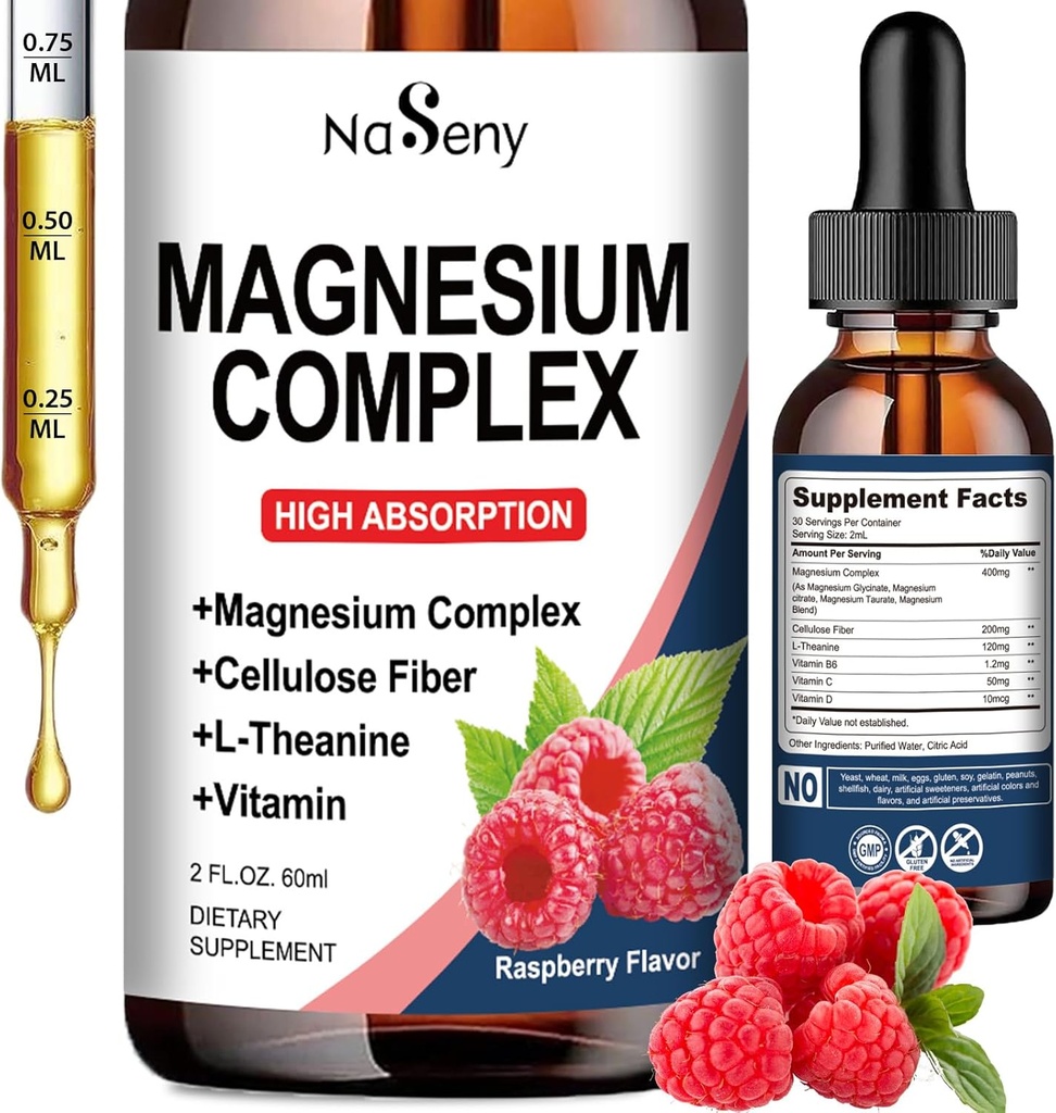 Magnezu Complex Supplement, 400mg Magnezu Glicynian, jabłczan i cytrynian Witamina Mieszanka dla kobiet i mężczyzn, Wysoka Absorpcja - dla relaksacji, Good Sleep & Nerve Health (60ML / Malina)