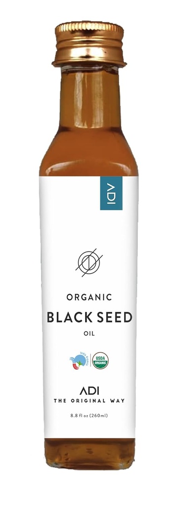 ADI Natural Black Seed Oil 8.8 oz, 100% Czysty nierafinowany płynny olej tłoczony na zimno, Butelka szklana, USDA Certified, Nigella Sativa, Bogaty w Omega 3- 6- 9