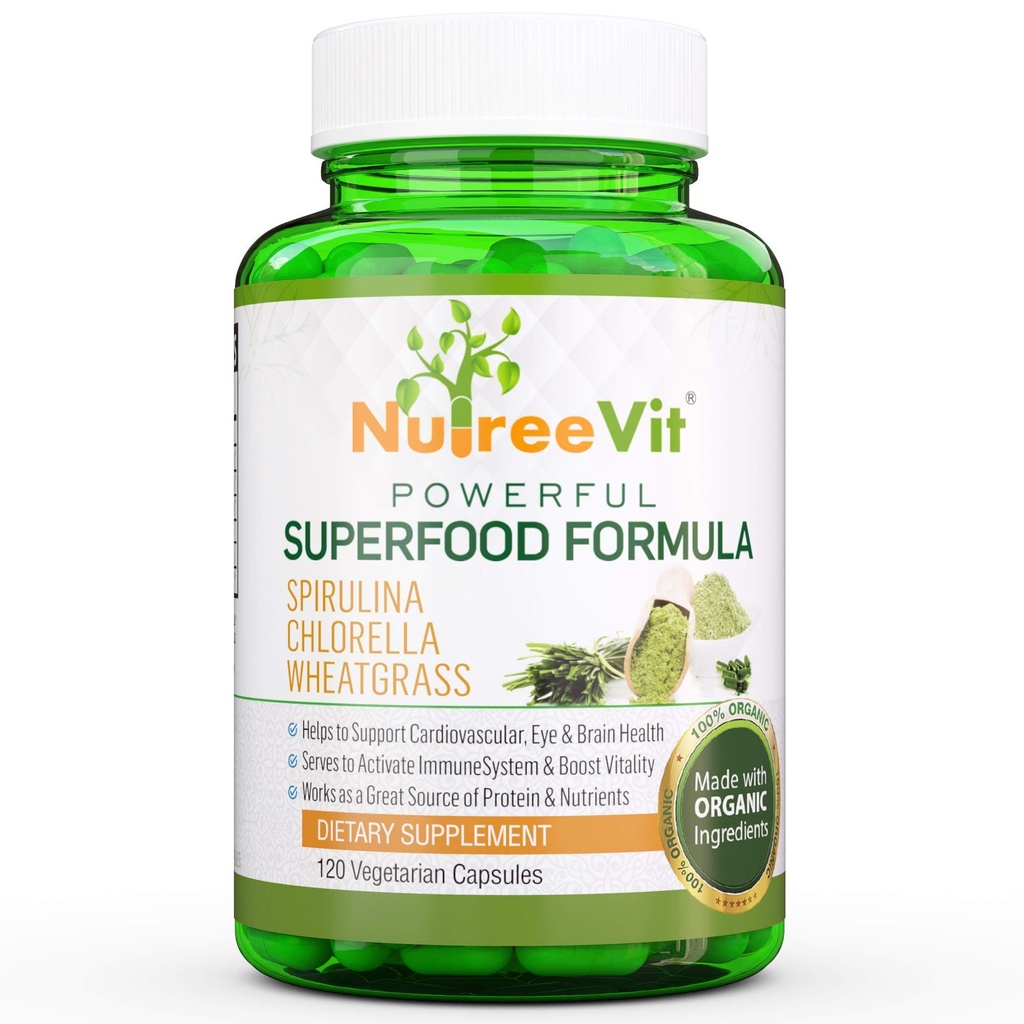 NutreeVit Pure 100% Organic Spirulina + Chlorella + Wheatgrass - Energy Booster, Wsparcie immunologiczne, Potężny Superfood Antioksydant - Veggie kapsułki 124; 500mg