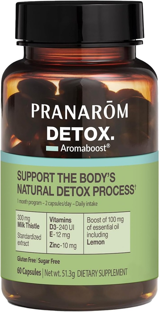 Pranarom - Aromaboost Detox Herbal Supplement - Eliminuje toksyny i odwadnia ciało - Ogęść mleka i cynk - Witaminy D3 i E - Olej cytrynowy - 60