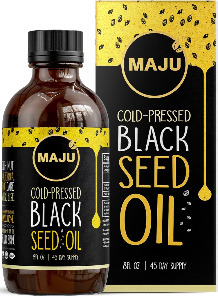 MAJU Black Seed Oil - 3 razy Thymoquinone, Cold- Presset, 100% Turecki Czarny Kmin Seed Oil, Płynny Czysty Blackseed Oil, Butelka szklana, 8 oz