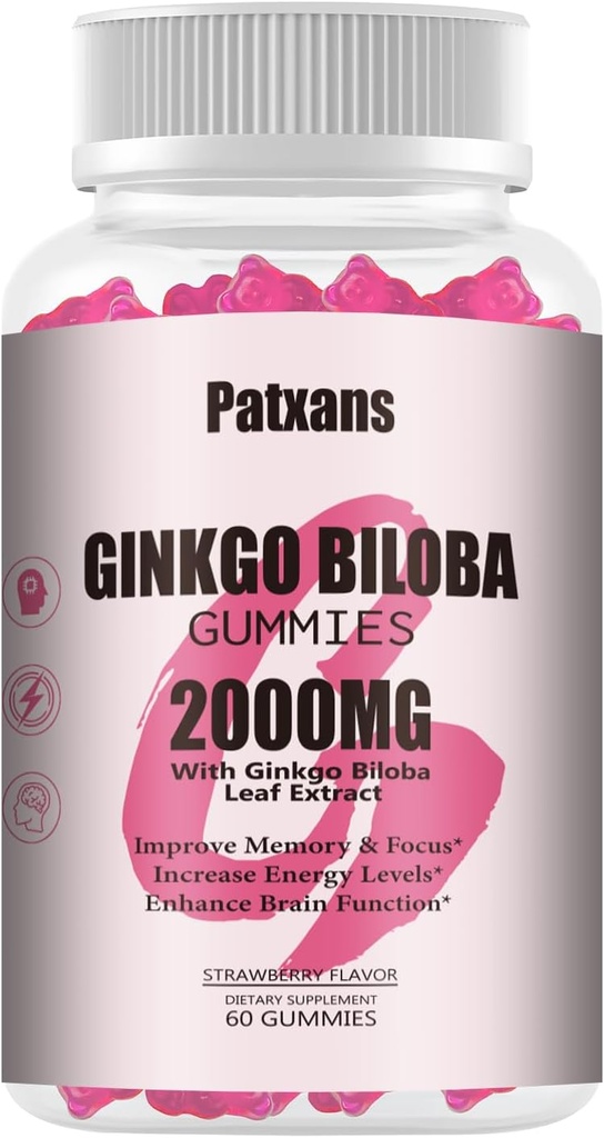 1 Pack 2000mg Ginkgo Biloba Gummies - Ginkgo Biloba Suplementy dla wsparcia zdrowia mózgu, Poprawa nastroju i skupienia, Energia, Dorośli, Strawberry Flavor, 60 Count