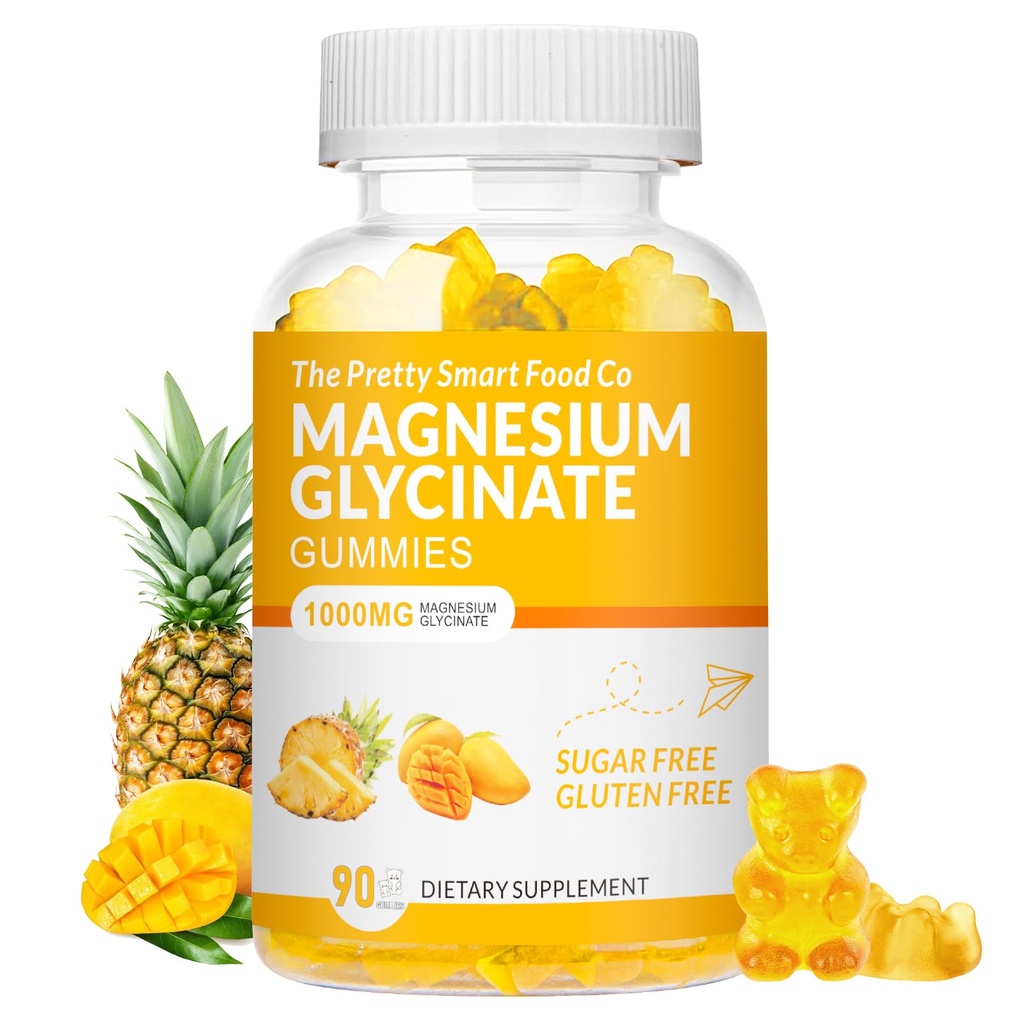 Magnezu Gummies Glucynian 1000mg - 90 Ct < 124; Magnezu Potas Suplementy do relaksacji, Relief stresowy, z Witaminą D, B6, CoQ10 dla Calm Mood & Sleep Support - Mango Gummies ananasowy