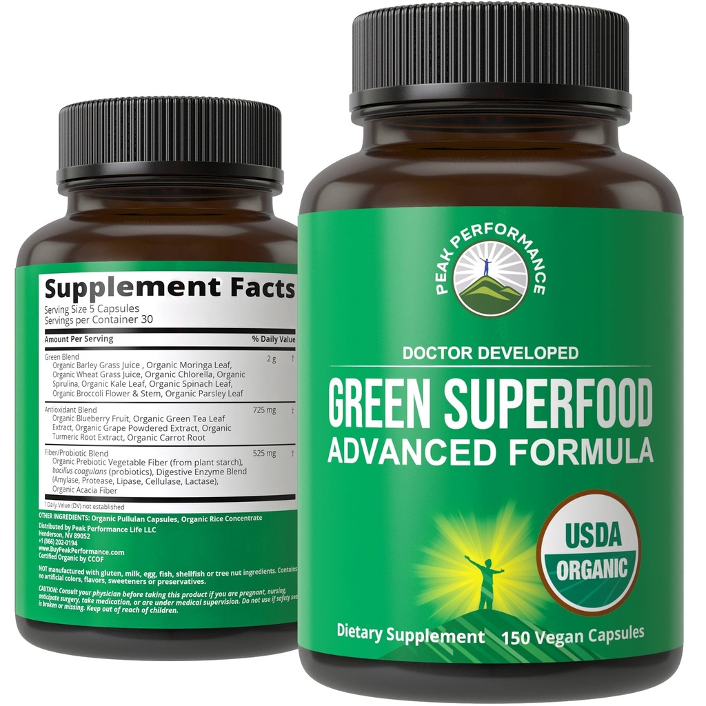 Organic Super Zielone 150 Kapsułki - Green Juice Superfood Suplement z 25 Wszystkie naturalne składniki organiczne. Max Energia i Detox Super Pigułki spożywcze z Spirulina, Spinach, Kale, Turmeric, Probiotyki