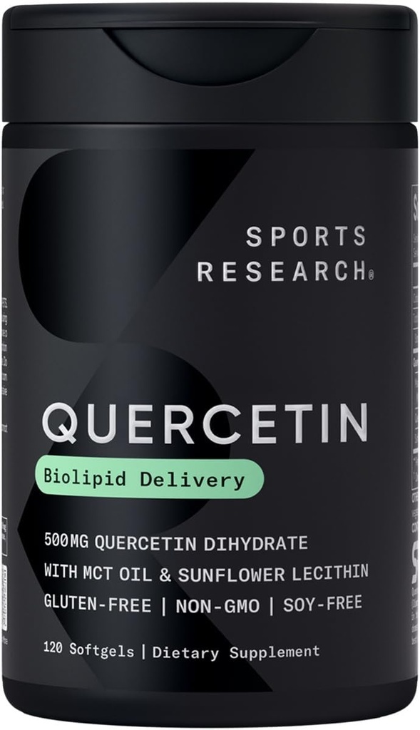 Sport Badania Quercetin z oleju kokosowego MCT & Lecytyna słonecznikowa dla lepszej absorpcji - Wsparcie aktywności przeciwutleniającej i immunologicznego zdrowia - Gluten Free & Non-GMO zweryfikowany - 120 Płynne softgele