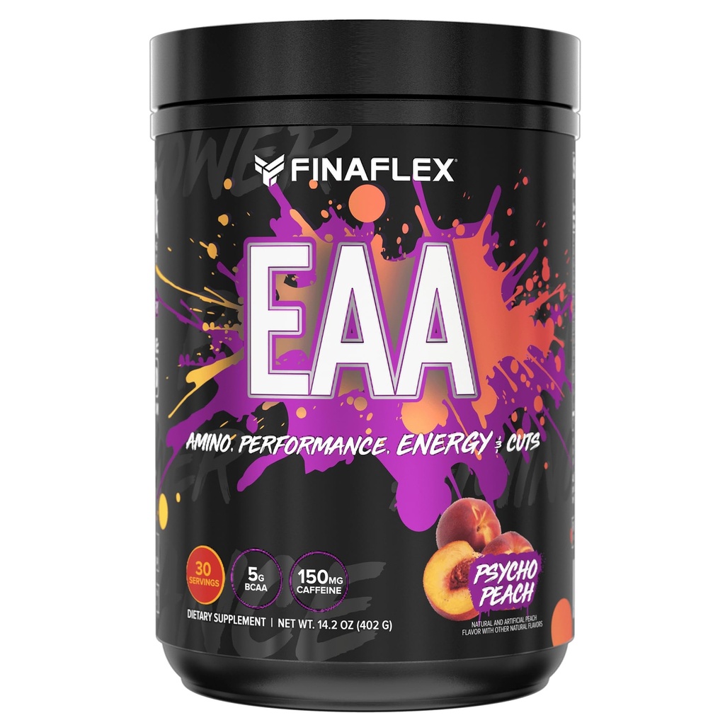 FINAFLEX EAA, Psycho Peach - 14.2 oz - Promotes Performance, Energy & Cuts - With BCAA, L- Glutamine, L- Arginina, Acetyl- L- Karnityna i kofeina - 30 Służenie