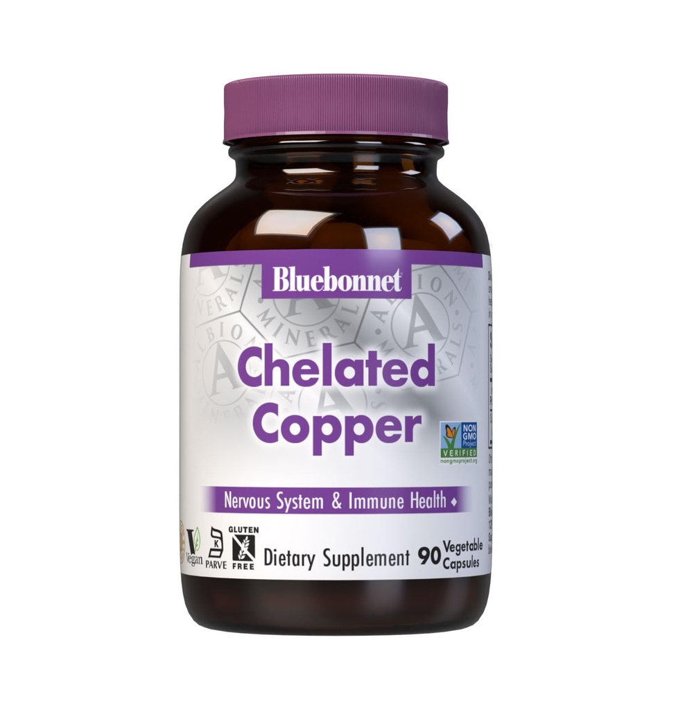 Bluebonnet Nutrition Albion Chelated Copper, 3 mg miedzi, Dla układu nerwowego i zdrowia immunologicznego *, Soy- Free, Gluten- Free, Non-GMO, Kosher Certified, Dairy-Free, Vegan, 90 Kapsułki roślinne, 90 Służenie
