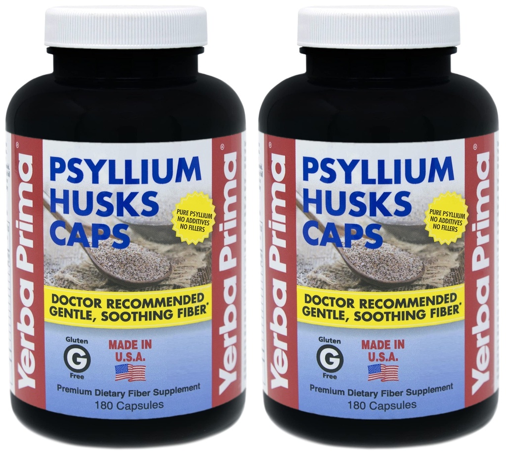 Yerba Prima Pyllium Husk Caps - 180 Kapsułek (Opakowanie 2) - Łatwy do połknięcia Fiber Supplement - Colon Cleanse - Gut Health - Non-GMO Gluten Free