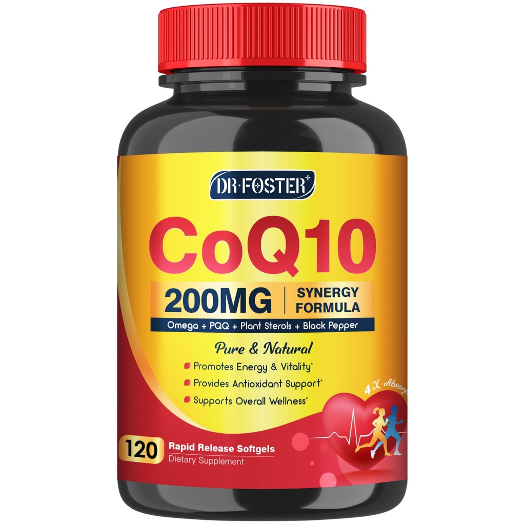 CoQ10 200mg Softgels z witaminą E & Omega 3- 6 - 9 & PQQ - Koenzym o wysokiej absorpcji Q10 z bioperiną 124; Maksymalny antyoksydant 124; Wspomaganie serca i suplement produkcji energii komórkowej 124; 120 Służenie