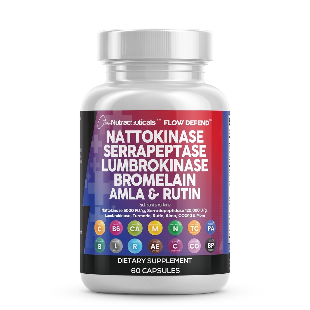 Czyste Nutraceuticals Nattokinase 4000 FU Serrapeptaza 120000 SPU Lumbrokinaza Suplement enzymatyczny z Bromelain Papain Papaya Enzymy Rutin Ekstrakt Amla Magnezu Witamina B6 & VIT C Kapsułki