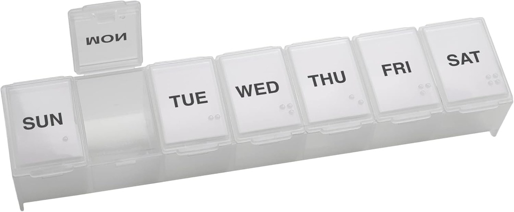 EZY DASE Cotygodniowy (7- Day) Codzienne pill Case, Medicine Planner, Witamina Organizator, Suplement Container, Wygodne i łatwe w użyciu, Duże Komory, Przyjazny dla podróżujących, Jasne, Made in USA, BPA Free