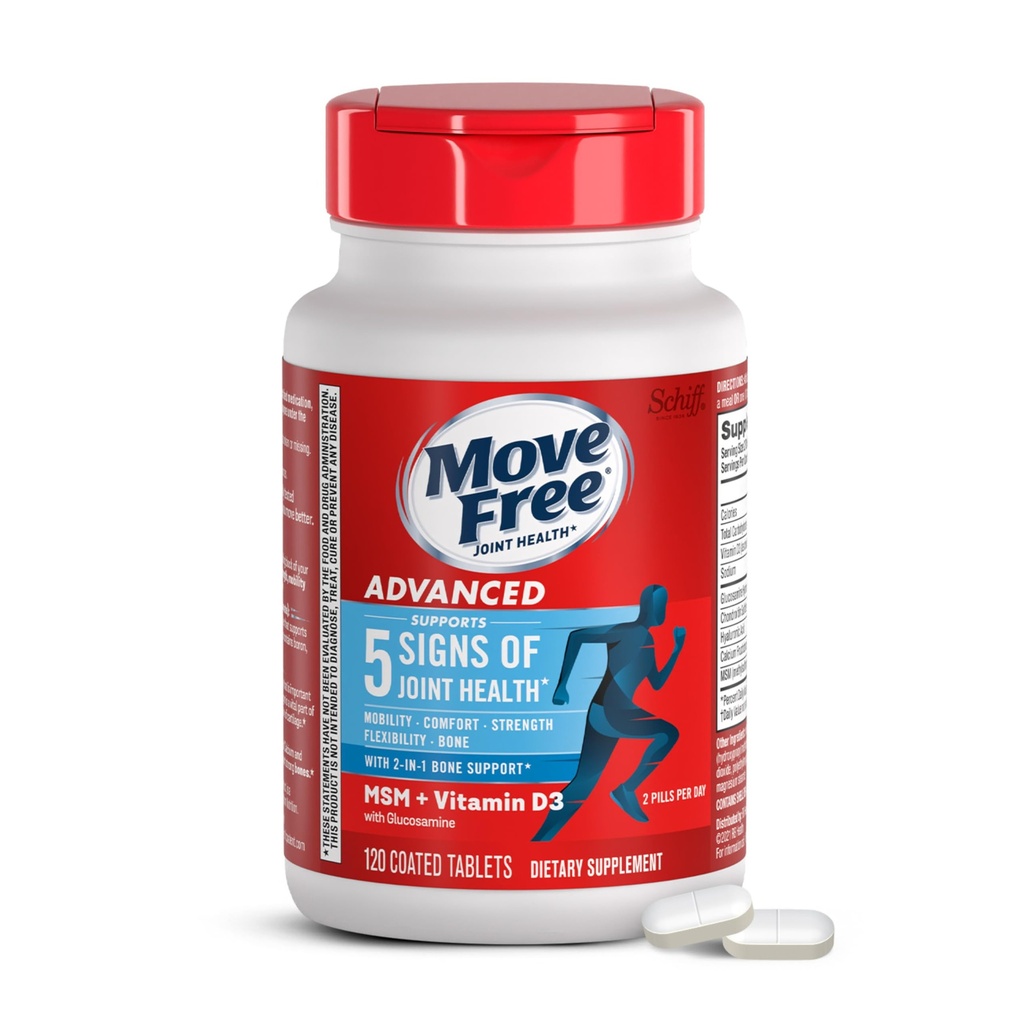 Przenieś Free Advanced Glukozamina Chondroitin MSM + Witamina D3 Joint Support Supplement, Obsługuje Mobilność Comfort Siła Elastyczność & Kości + Zdrowie immunologiczne - 120 Tabletki (60 porcji) *