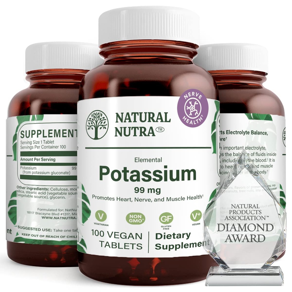 Naturalny Glukonian potasu Nutra Elemental 99 mg Suplement diety - Promotes Energy, Pomaga zwiększyć system nerwowy, Promotes Heart Health, Regulacja mineralna, Funkcje mięśniowe - 100 Vegan Tablets