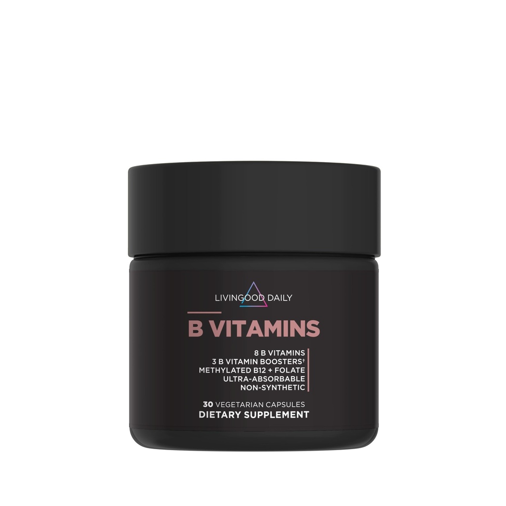 Livingood Daily witaminy B Complex Kapsułki dla mężczyzn i kobiet, Metylowane B12 & Folate, 11 Aktywne formy w tym B1 B2 B3 B5 B6 & Biotin, Gluten Free, Vegan B Witaminy do paznokci skóry włosów, 30 Kapsułki