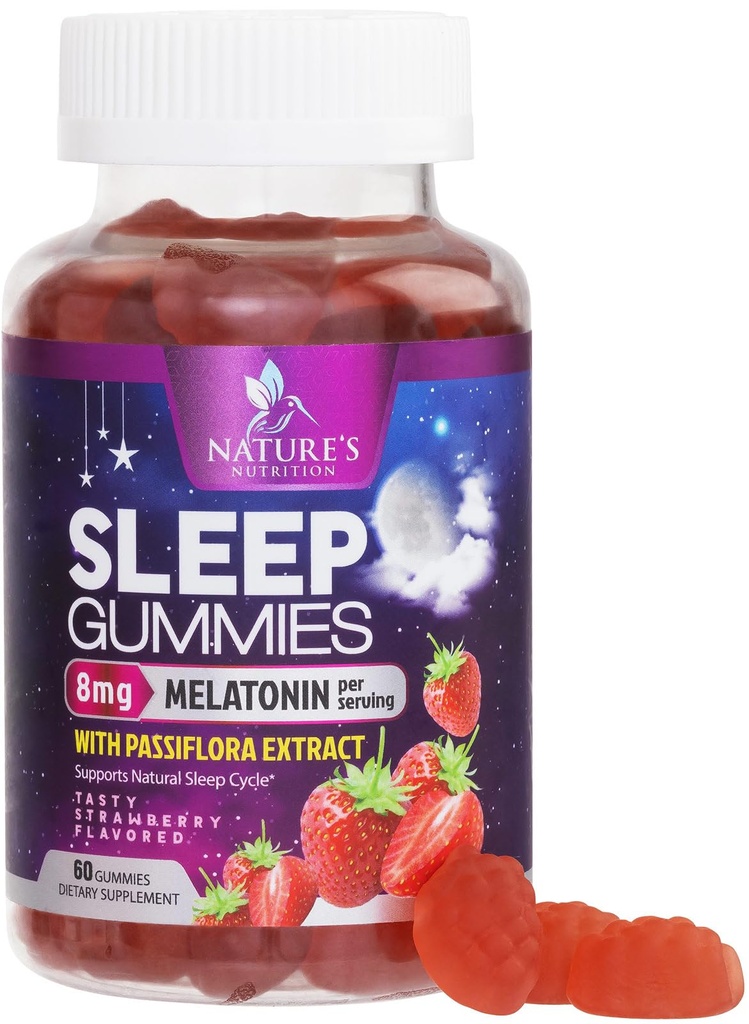 Melatonina z ekstraktem Passiflora do niespokojnego snu - szybko działające melatonina Sleep Gumy suplement, Wegan, Non-GMO, Smaczne truskawki Flavor - 60 Gumiaki