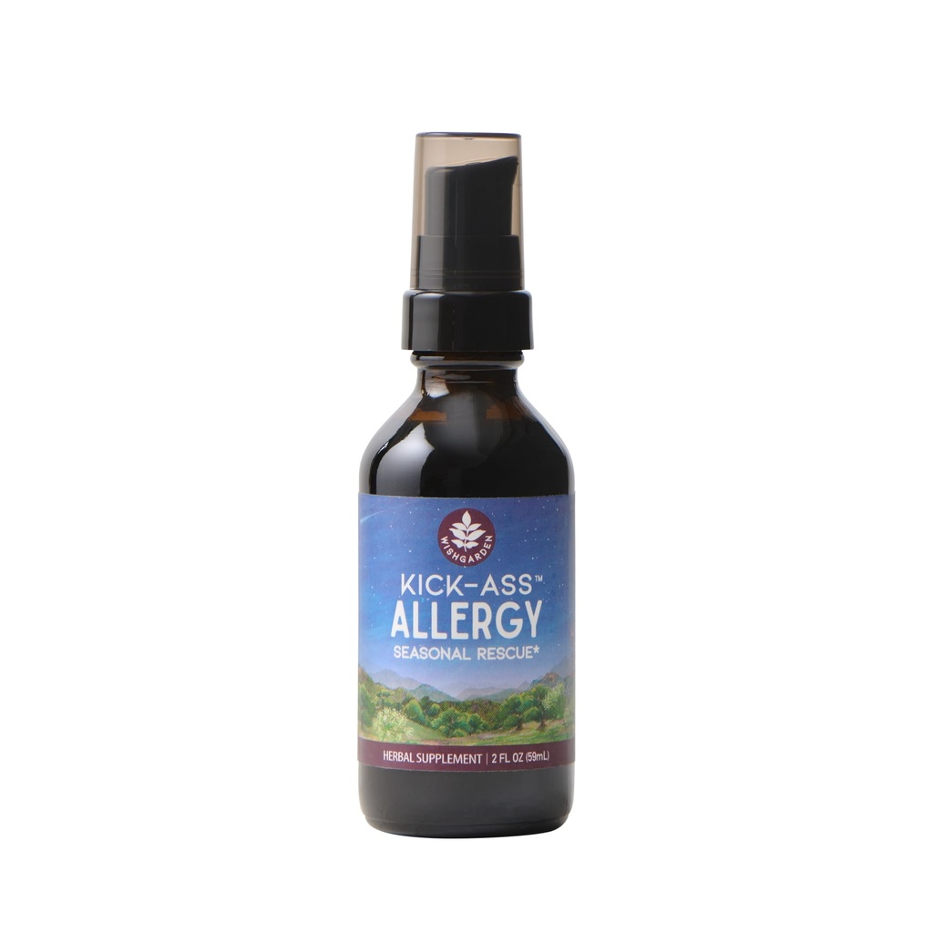WishGarden Herbs Kick- Ass alergy - Plant- Based Non- Drowsy Herbal Allergy Suplement z Nettle Leaf, Echinacea, & Yerba Santa, Wspiera zdrową reakcję histaminy na sezonowe drażniące, 2oz