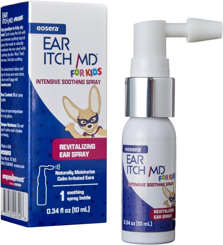 eosera ® Ear Itch MD ® dla dzieci - Kojące krople do uszu dla sucha, Swędzacze - Naturalna formuła nawilżająca z witaminą E - Ulga dla alergii, wyprysk, zapalenie skóry - Bezpieczne dla wieku 2 + & Użytkownicy pomocy słuchu