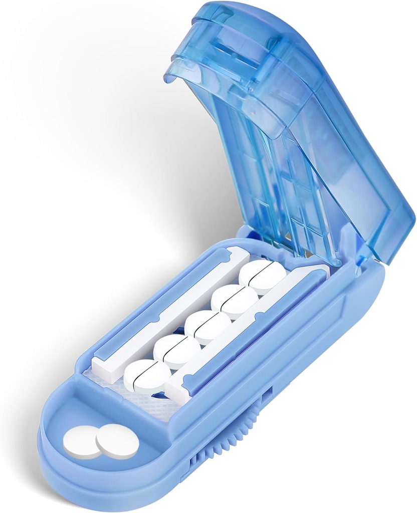 DUBSTAR Pill Cutter Splitter dla małych i małych pigułek, wielokrotne szczypce do piór dla małych lub dużych tabletek, Regulowany Pill Splitter z urządzeniem do krycia i Blade Guard dla wielu tabletów (Bale Blue)