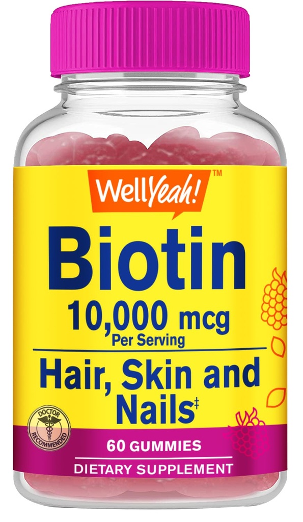 WellYeah Wysoka potencja Biotin 10,000 μg Gummies - dla silniejszych włosów, skóry i paznokci - Przyjazny weganom, Gluten- Free, Non-GMO i pyszne Berry Flavor - 60 Gummies