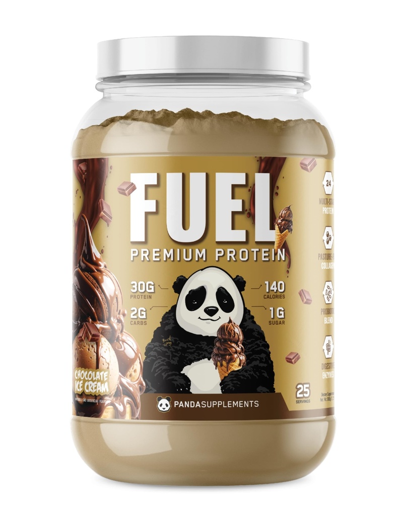 Pod ziemią Bio Labs Panda Paliwo Premium Serwatka proteinowa, Zhydrolizowane Kolagen, Kazeina, Probiotyki, Enzymy, Keto Friendly, Zwolnienie czasowe, 25 Sługi (2.5 Funt, Czekoladowe lody)