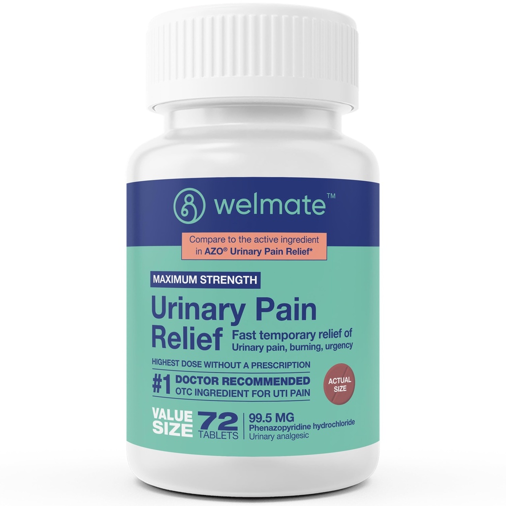 WELMATE - Odporność na ból w moczu (72 tabletki) - Chlorek fenazopirydyny 99,5 mg - Ból w moczu, Pilny, & Uczucie komfortu - Maksymalna moc - Nadmierna relacja leków
