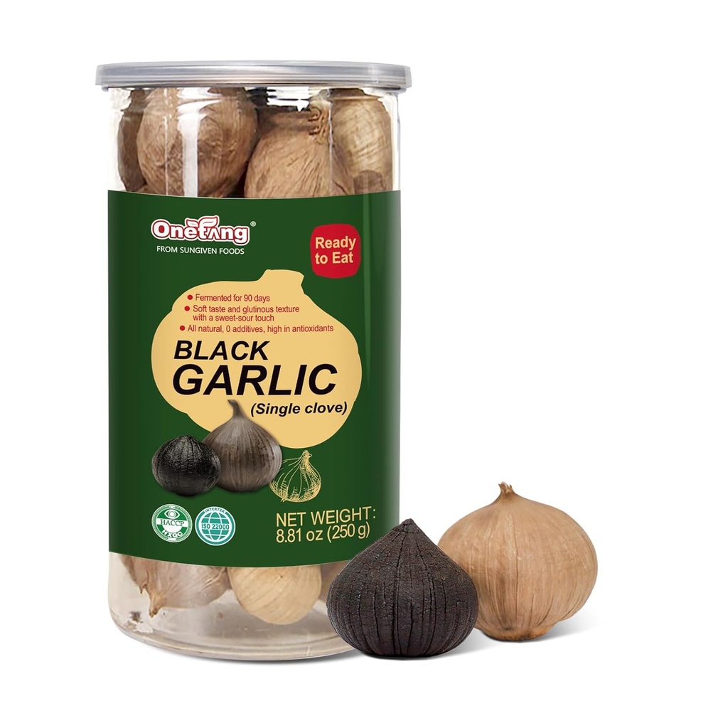 ONETANG Czarny czosnek 8.82 Oz (250g.), cały czarny czosnek fermentowany przez 90 dni, Super Foods, Non-GMO, Non-Dodatki, Wysoka w przeciwutleniaczach, Gotowy do jedzenia na przekąski Zdrowe, Zdrowe Przepisy