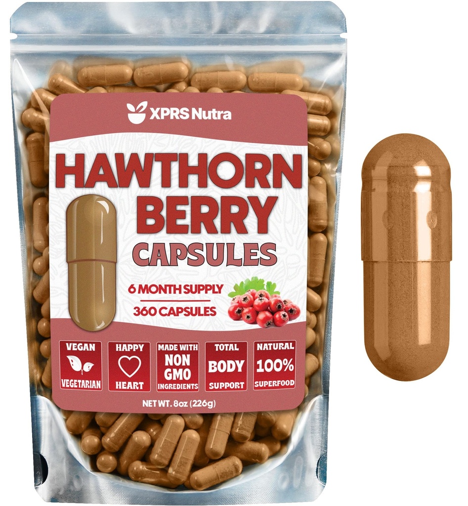 Hawthorn Berry w proszku kapsułki - 360 sztuk (6 miesięcy dostaw) - Premium Hawthorn Berry kapsułki do wsparcia sercowo-naczyniowego - Hawthorne Berry w proszku - Idealny suplement Hawthorne dla mężczyzn i kobiet