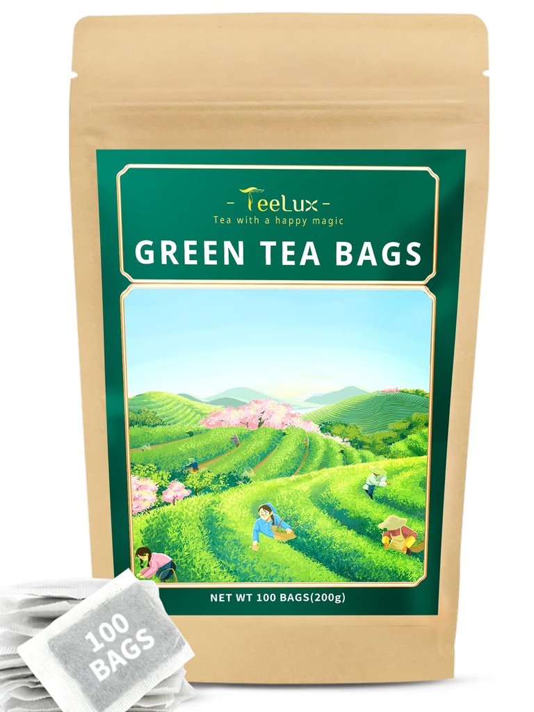 TeeLux Green Tea Torby, Natural Pure Green Tea, Super przeciwutleniacz, Kofeina, 100 Count Tea Bags do wsparcia ogólnego zdrowia