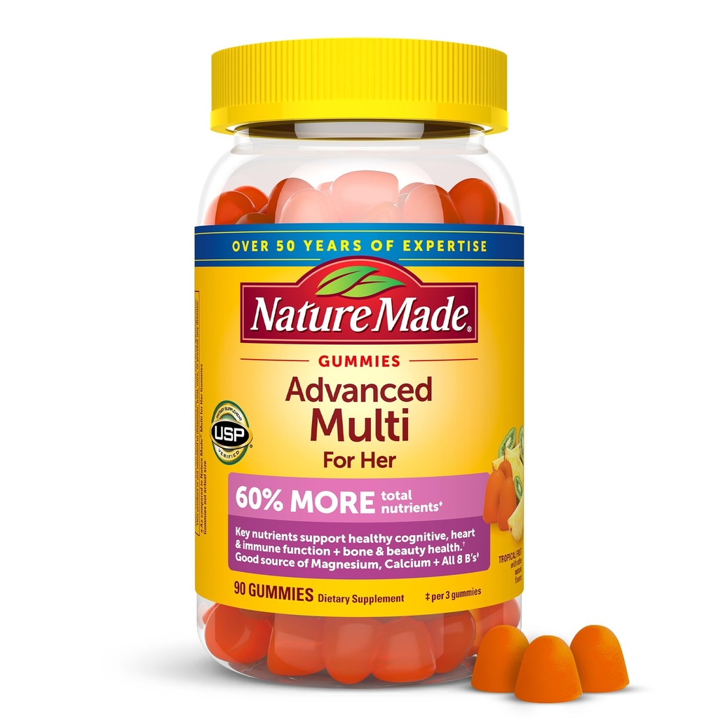 Nature Made Advanced Womens Gummy Multivitamin z Magnezu Cytrate, Wapń, Witaminy B, Gummeje multiwitaminowe dla kobiet, 90 Multi Gummes witaminy, 30 Day Supply