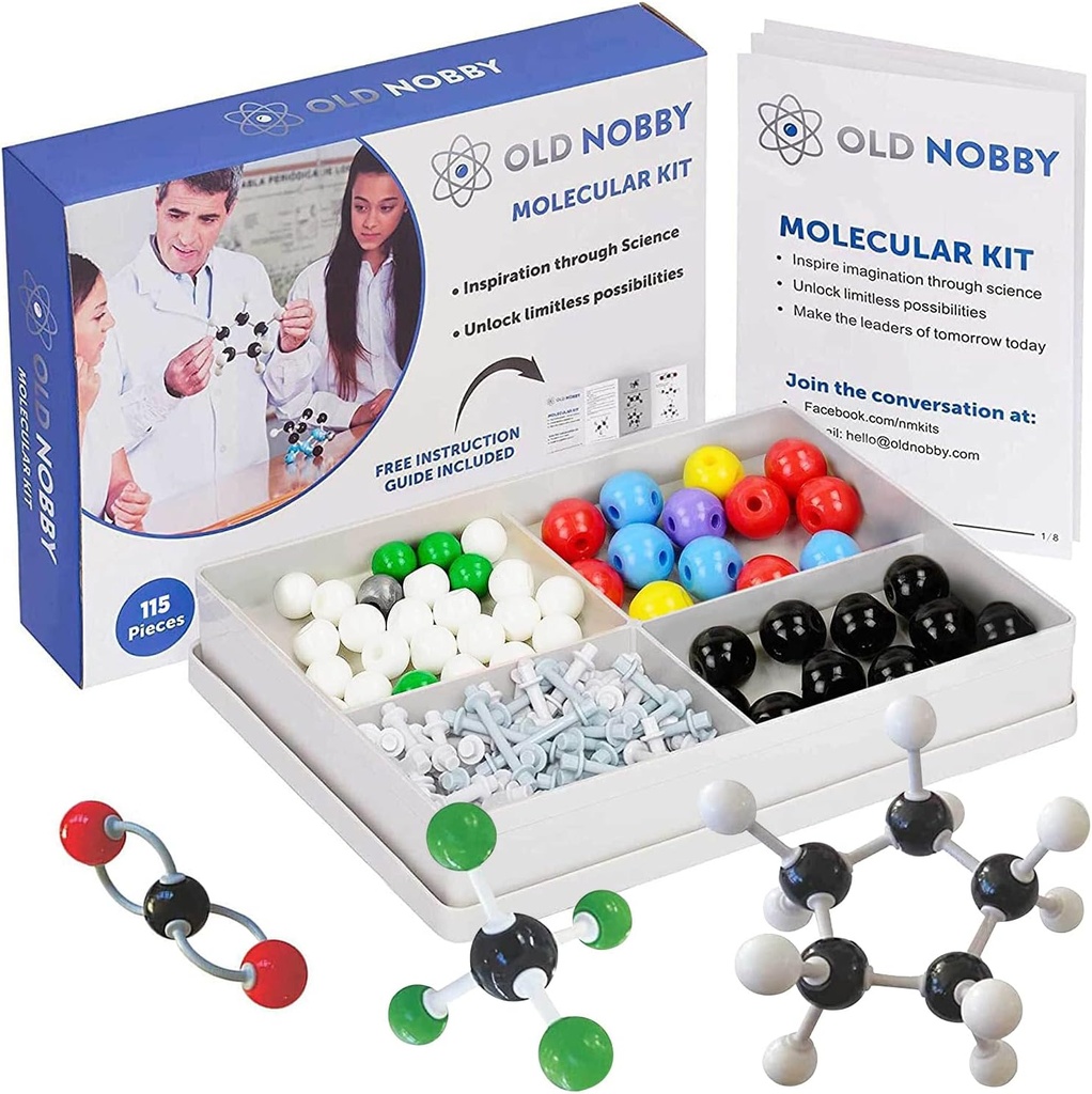 Old Nobby Chemistry Model Kit - 115 Piece Molecular Model Zestaw zawiera Atomy, Obligacje, Instructional Guide - STEM Science Tool for Students, Organic Chemistry, Molecular Learning - Kolorowe modele