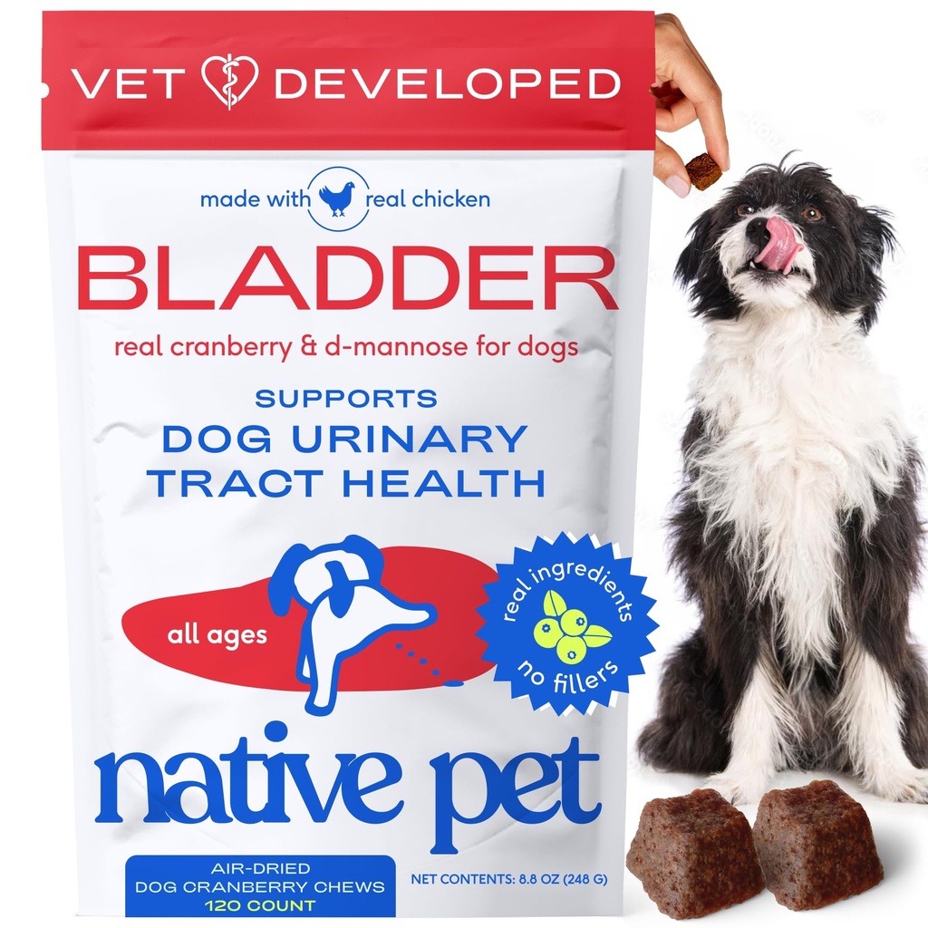 Native Pet Dog UTI Leczenie - Suplement żurawinowy dla psów Bladder Control & Nerki Support - Zapobieganie infekcji dróg moczowych i nietrzymania moczu - Wykonane z Real Cranberry Extract - 120 Chews