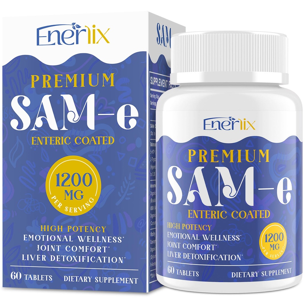 1200 MG SAM e Suplement dla mózgu, nastrojów, stawów i wątroby, Wysoka Absorpcja SAM- e (S- Adenozylo- L- Metionina) z CoQ10, 5- HTP, Enteric Coated 60 Tablets, Wegan