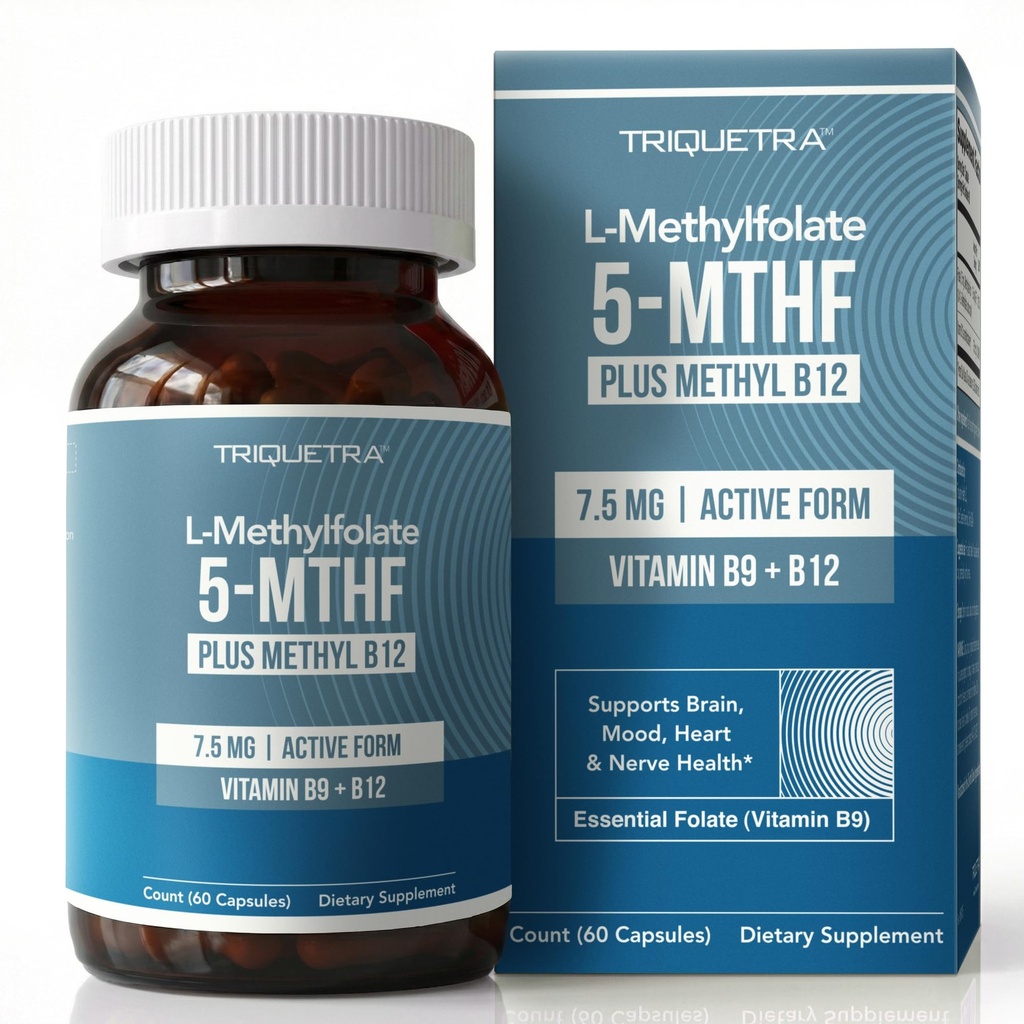 L Metylfolan 7,5 mg plus Metyl B12 - Aktywny formularz 5- MTHF, Suplement MTHFR - Metylowany folian w płynie krwi + Kofaktor B12 - Wspiera nastroje, Metylację homocysteiny, Krążenie (60 Kapsułek)