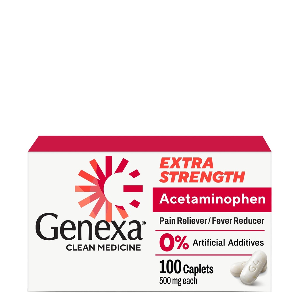 Genexa Czysty Acetaminofen 500mg Dodatkowa siła, Bezbarwny ból Reliever Fever Reducer, 0% Sztuczne dodatki, Medycyna przeciwbólowa dla dorosłych, Ulgi Ból głowy, Ból pleców, Drobne zapalenie stawów, 100 Tabletki