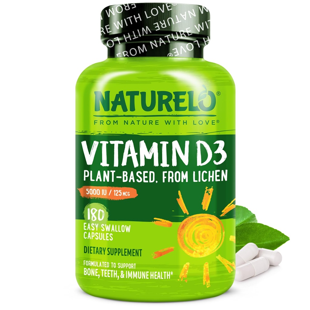 NATURELO Witamina D - 5000 IU - Roślina oparta na Lichen - Naturalny suplement D3 dla układu immunologicznego, Wsparcie dla kości, Joint Health - Wysoka moc - Wegan - Non-GMO - Gluten Free - 180 Kapsułki