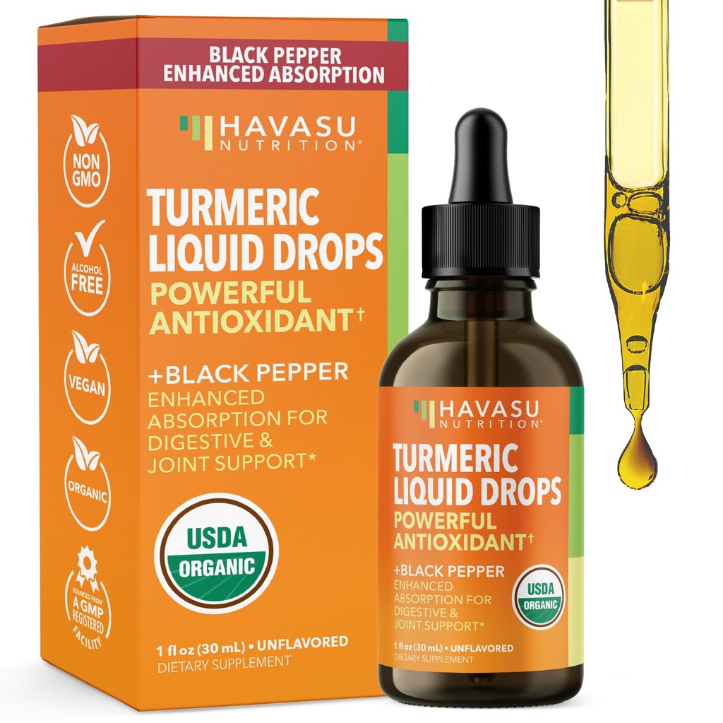 USDA Organic Turmeric Liquid Drops with Black Pepper - 1000mg Curcumin Supplement for Imimmunological & Digestive Health - 30 Służenia - Zwiększona absorpcja - Non-GMO, Wegan, Gluten Free - Unflavored, 1 Fl Oz