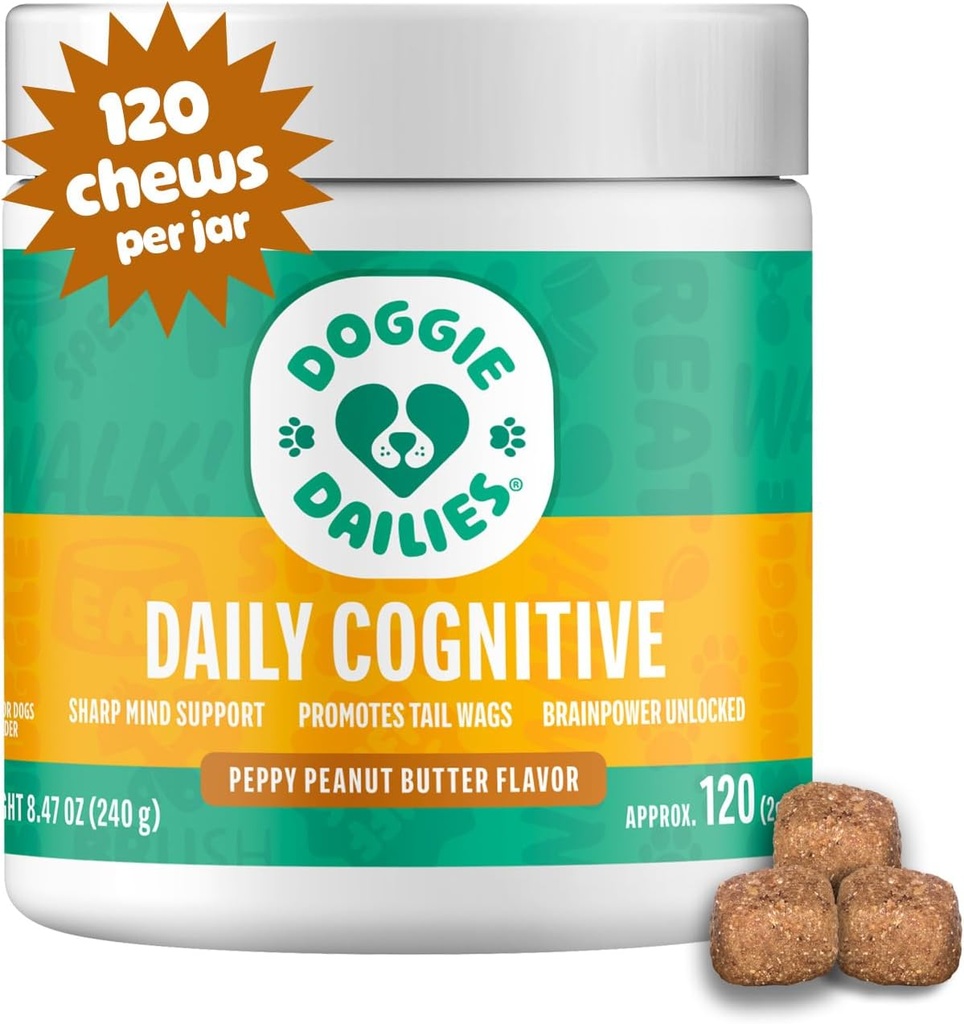 Doggie Dailies Cognitive Puppy Chews, Witaminy z DHA, Selenium, Organic Ashwagandha & Przeciwutleniacze do wspierania zdrowia mózgu, Funkcje układu nerwowego i promowanie uspokojenia (Masło orzechowe) 120 Soft Chews