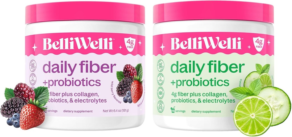 Daily Fiber Supplement Bundle with Collagen, Probiotics & Electrolytes - Supports Digestive Health, Regularity, and Skin Health - Cucumer Lime Mint & Wild Berry Flavors - 32 Sługi ogółem